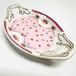 Ring Tea Bag Dish Mini Tray Flowers Chintz Pink Butterflies Gold Toned Accents